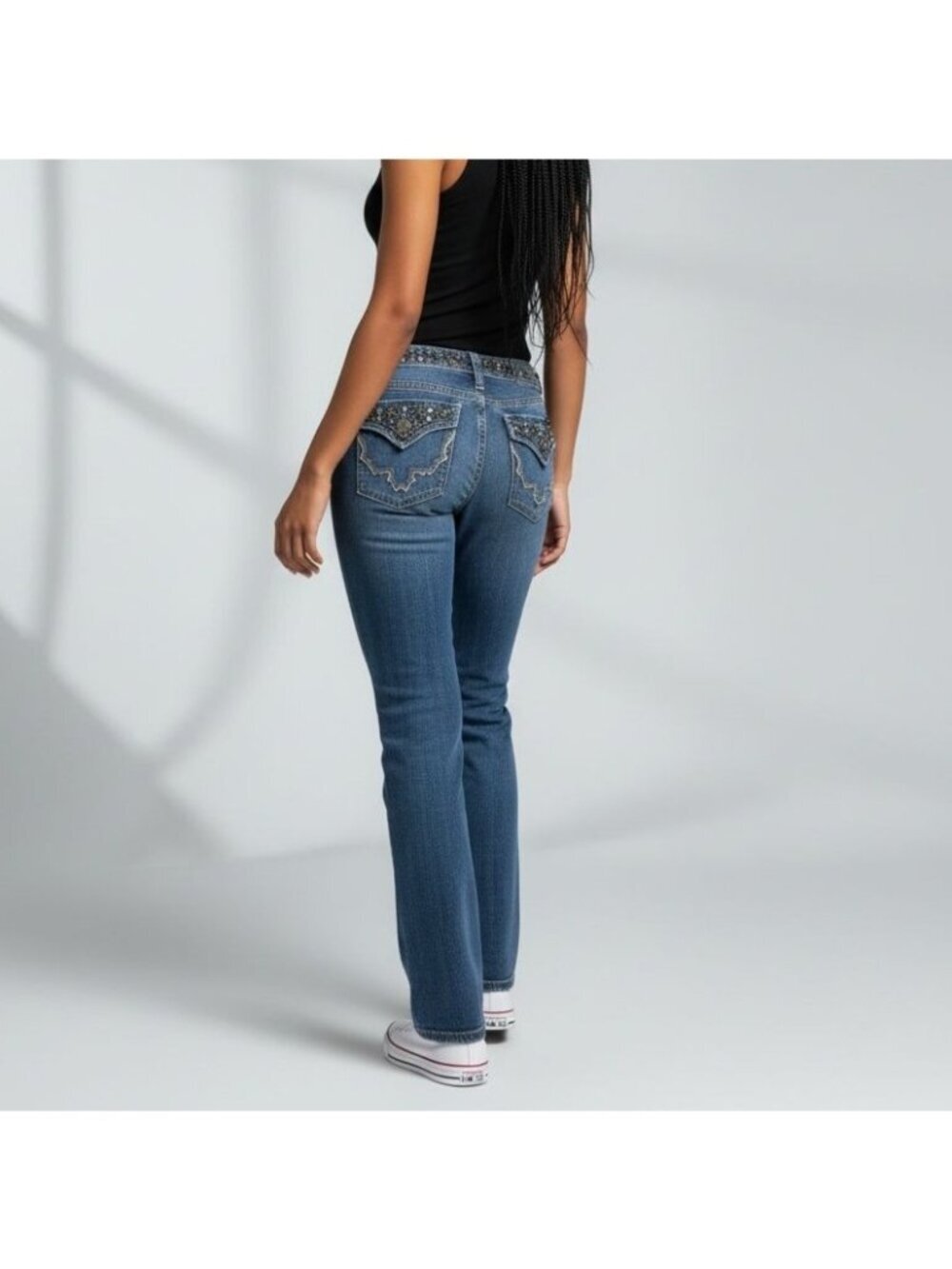 Miss Me JP4288G Embellished Bootcut Denim Jeans Size 30 With Studded Waist & Bac